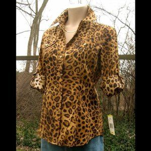 Jones New York LEOPARD Print Blouse Womens M Button Cotton Shirt Long Sleeve NWT